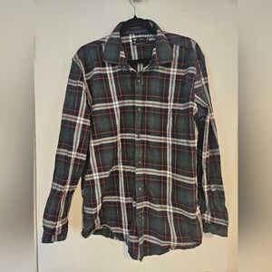 Mens button down shirt top XL organic cotton soft plaid green red gray